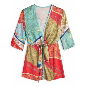 CAbi Boho Paisley Wrap Blouse Tie Front Kimono Festival Multicolor S